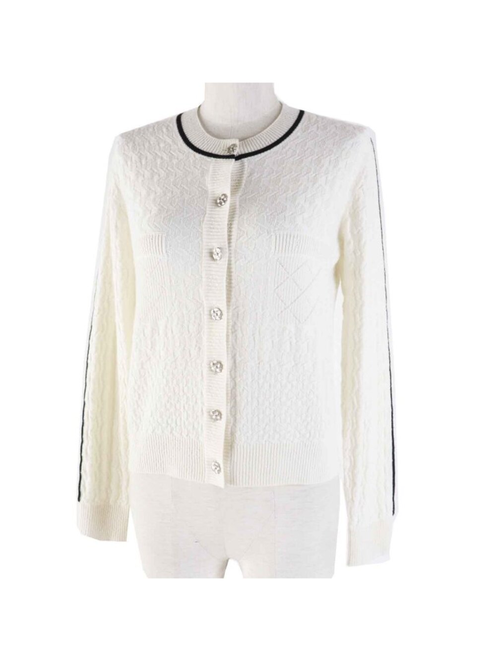 Chanel Cashmere Bicolor Long Sleeve Knit Cardigan with Camellia Coco Buttons